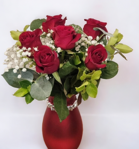 6 Red Roses in a Ceramic Vase